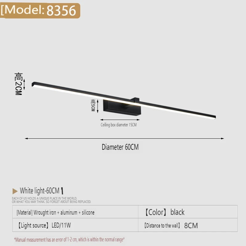 lampe miroir moderne noir blanc led mur 40cm 60cm 80cm 100cm