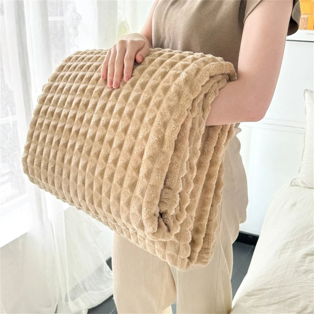 couverture polaire rayée beige bleu marine rose douce hiver adulte maison opacité confortable