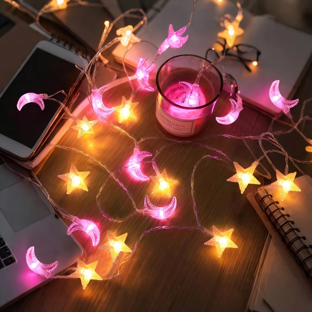 guirlande lumineuse lunes étoiles violet doré décoration chambre salon fêtes vacances 3v batterie led
