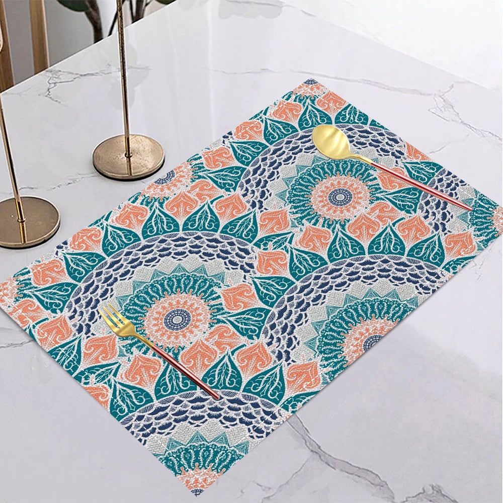tapis table lin moderne motifs artistiques beige bleu orange noir jaune respectueux environnement 30x40cm