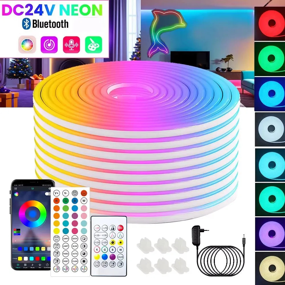 ruban led néon multicolore moderne 24v ip68 waterproof 10m télécommande app musique