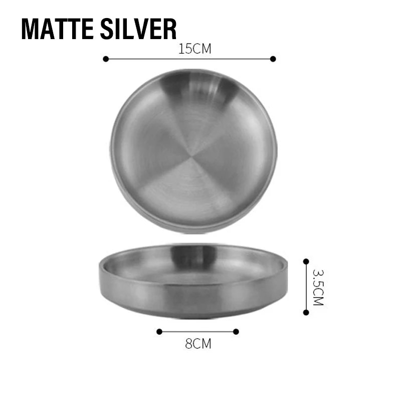 assiettes rondes inox lisses modernes argent doré sauces snacks transparentes maison restaurant