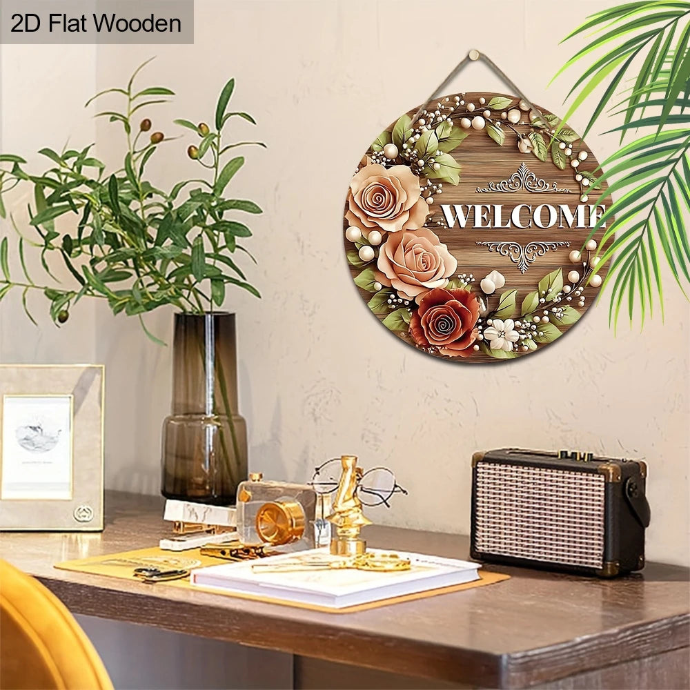 décoration murale bois fleurs bienvenue rustique pastoral jardin maison couronne verte