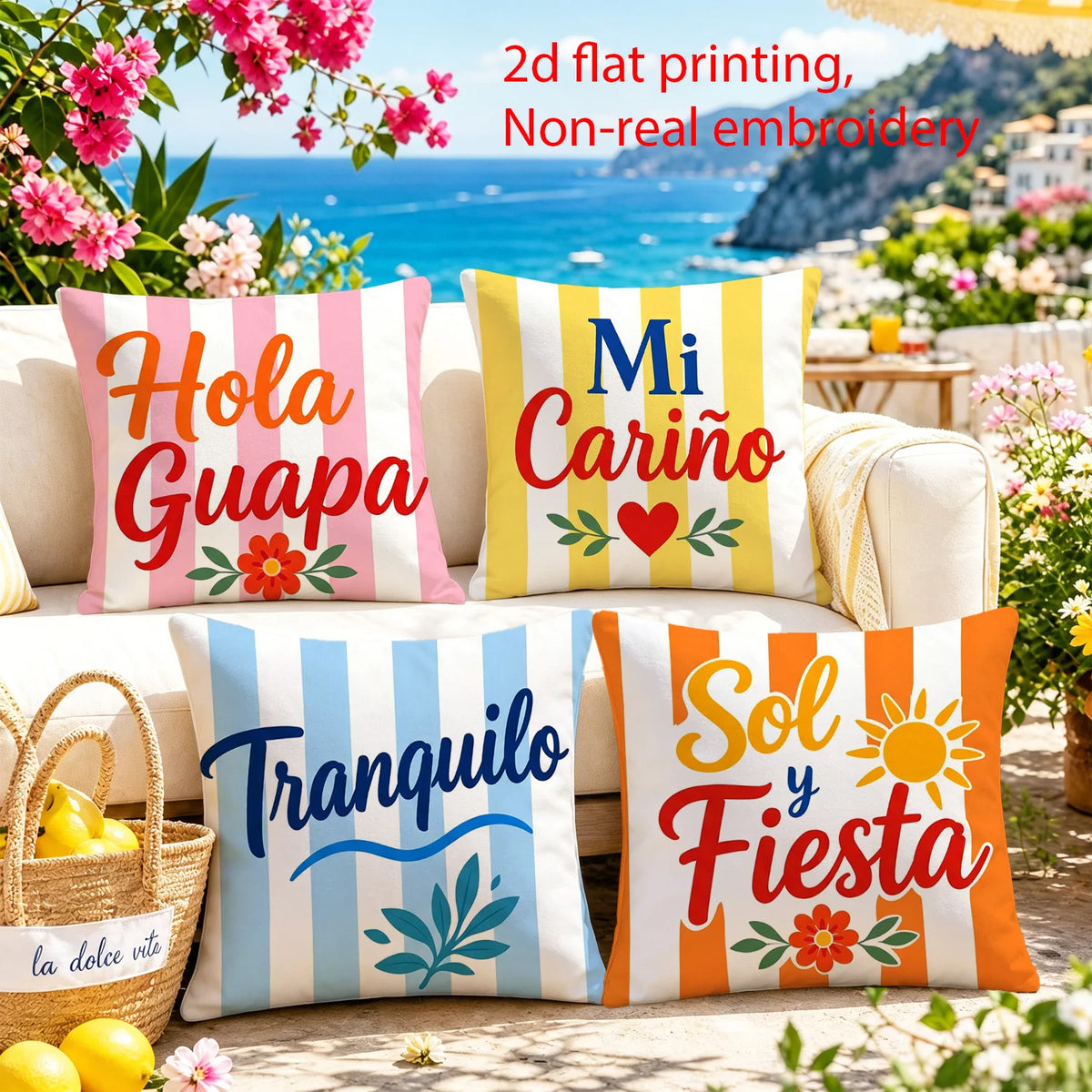 taies d'oreiller moderne rose clair jaune bleu orange blanc rayures textes fleurs 40x40cm 45x45cm