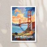 Une magnifique illustration de l'emblématique pont du Golden Gate à San Francisco, avec des couleurs vives et une atmosphère dynamique.