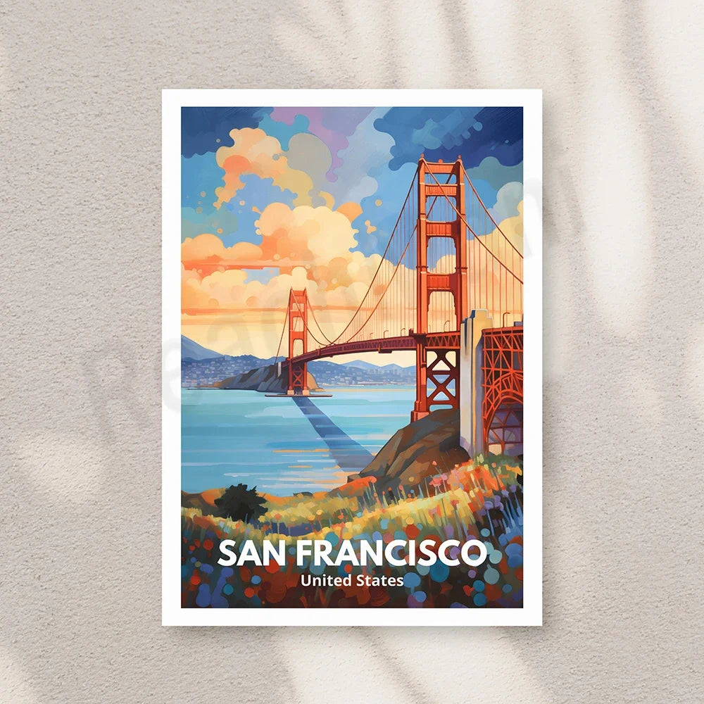 Une magnifique illustration de l'emblématique pont du Golden Gate à San Francisco, avec des couleurs vives et une atmosphère dynamique.