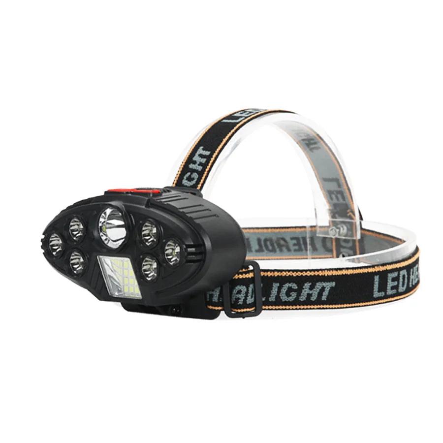lampe frontale led rechargeable camping pêche rayures noires orange ceinture ajustable haute luminosité usb