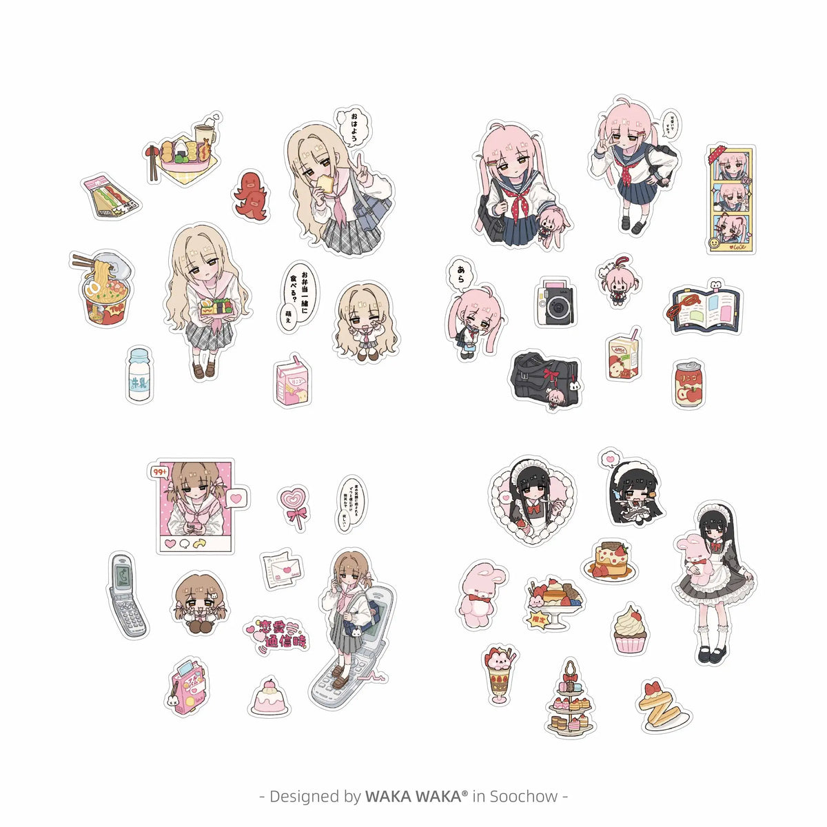 stickers kawaii dessins animés personnages desserts rose blanc gris noir opaques téléphone bagages moto