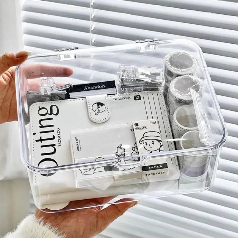 boîtes rangement transparentes modernes clics livres stylos théière tasses masques télécommande