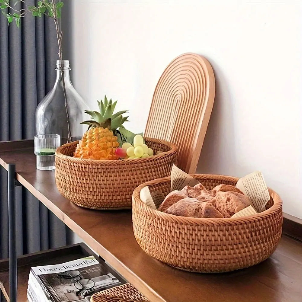 paniers rotin tissage traditionnel marron clair rustique naturel rangement décoration maison cuisine