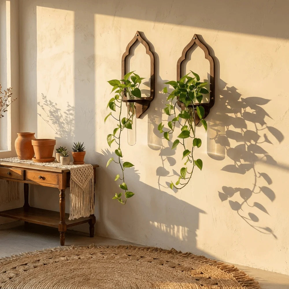 panier fleurs bois décoratif support mur transparent tubes verre arches soleil pieuvre bohème rustic