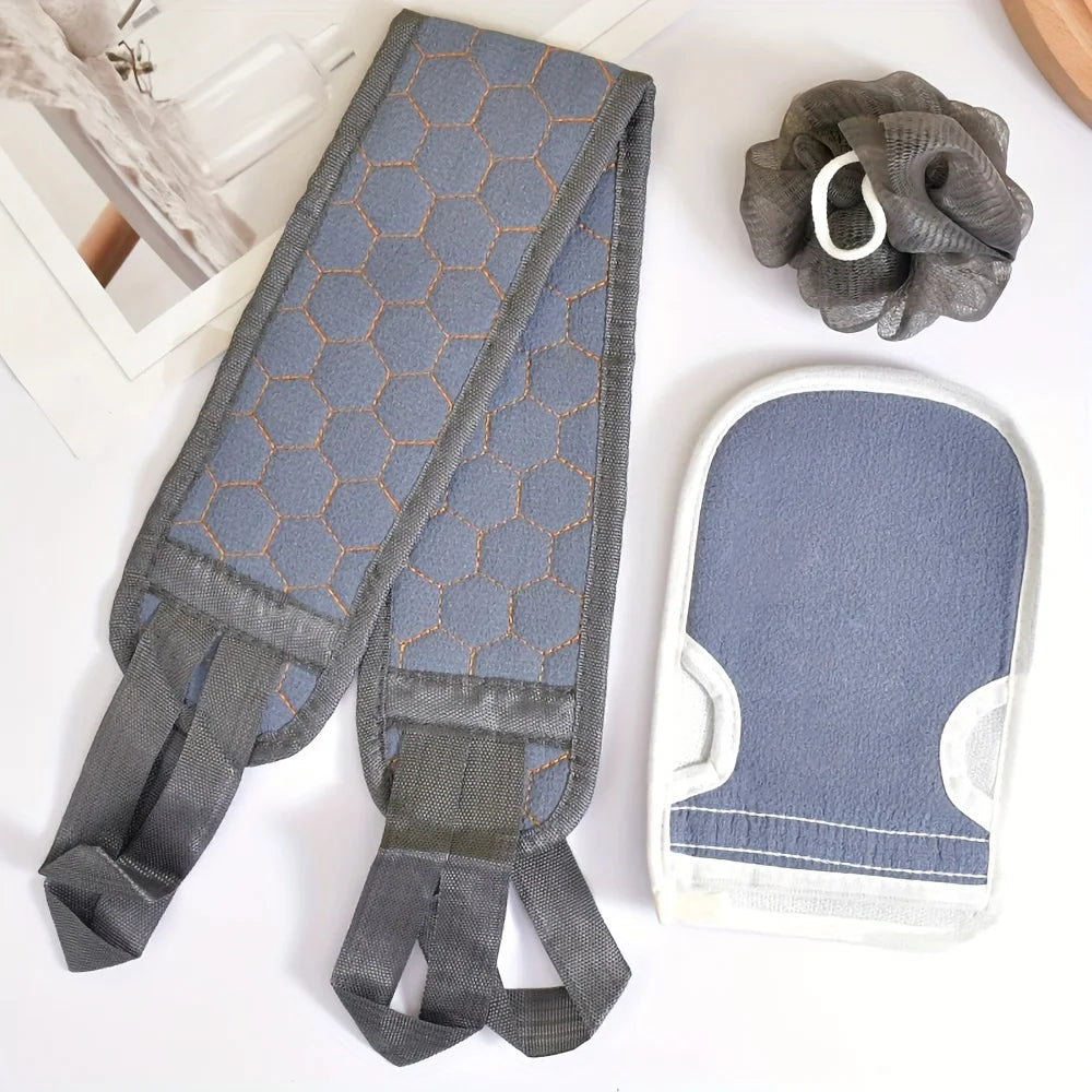 brosse bain moderne gant serviette bleu texture hexagonale set bain trois pièces