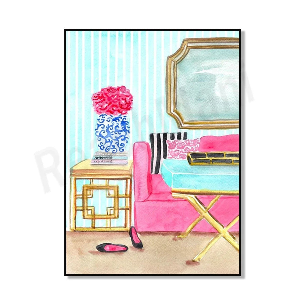 Une pièce élégante avec des meubles design, des accessoires colorés et un miroir décoratif.