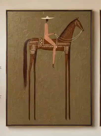 tableau moderne minimaliste chevaux stylisés motifs géométriques couleur marron beige noir blanc toile sans