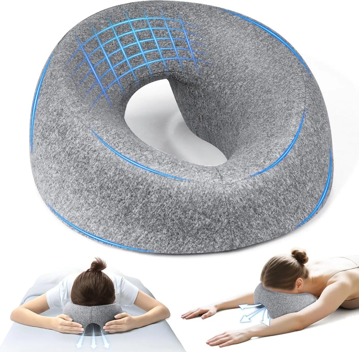 oreiller ergonomique mousse mémoire forme vague anti apnée face gris clair doux texture duveteuse