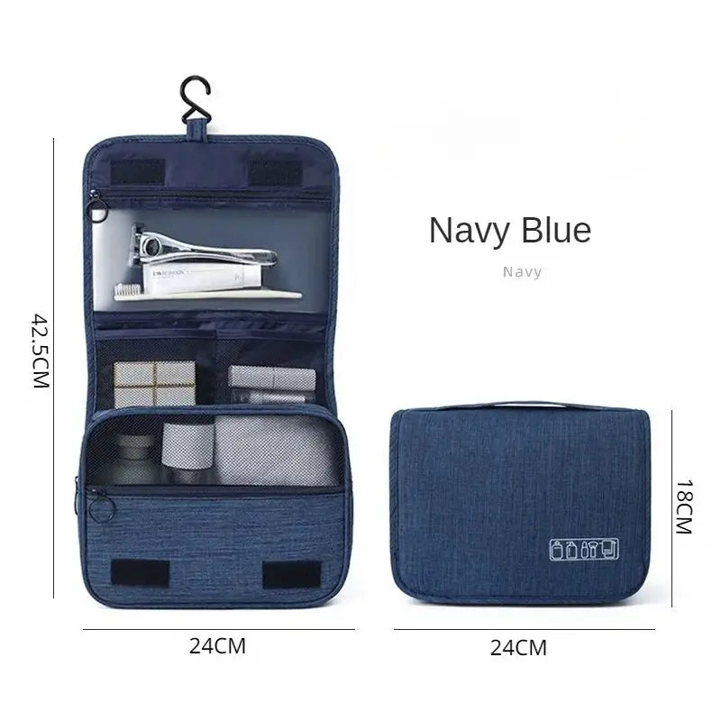 sac toilette pliable suspendu imitation jean bleu marine gris poche transparente brosses dents tubes