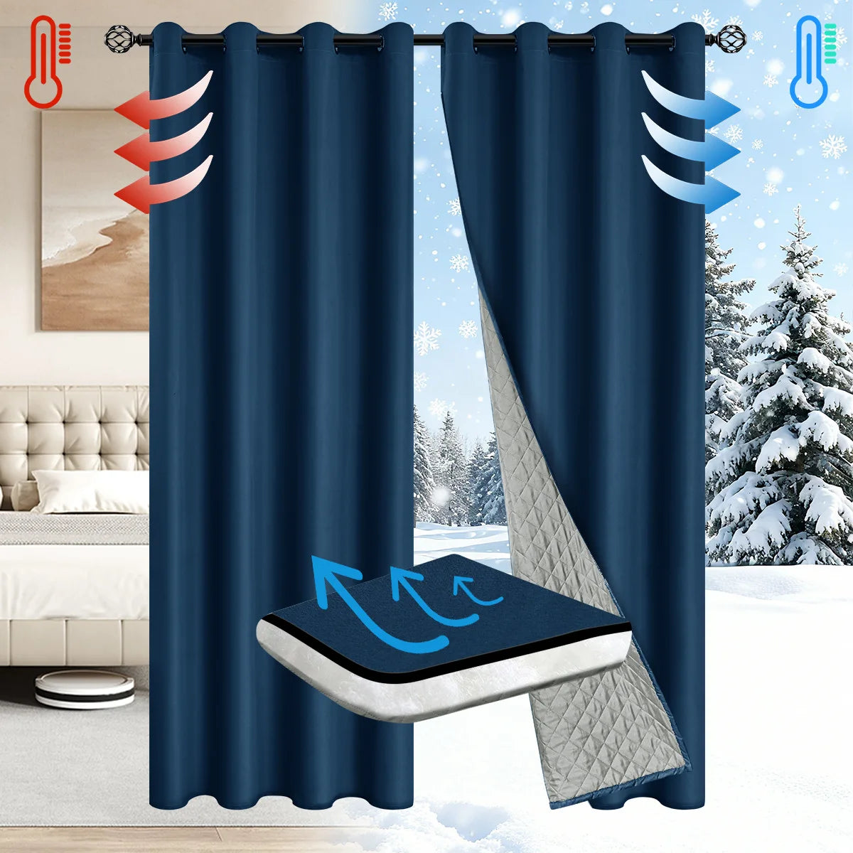 rideau hiver bleu marine moderne opacité 100 polyester anneaux métalliques quilted 132x241cm chambre salon