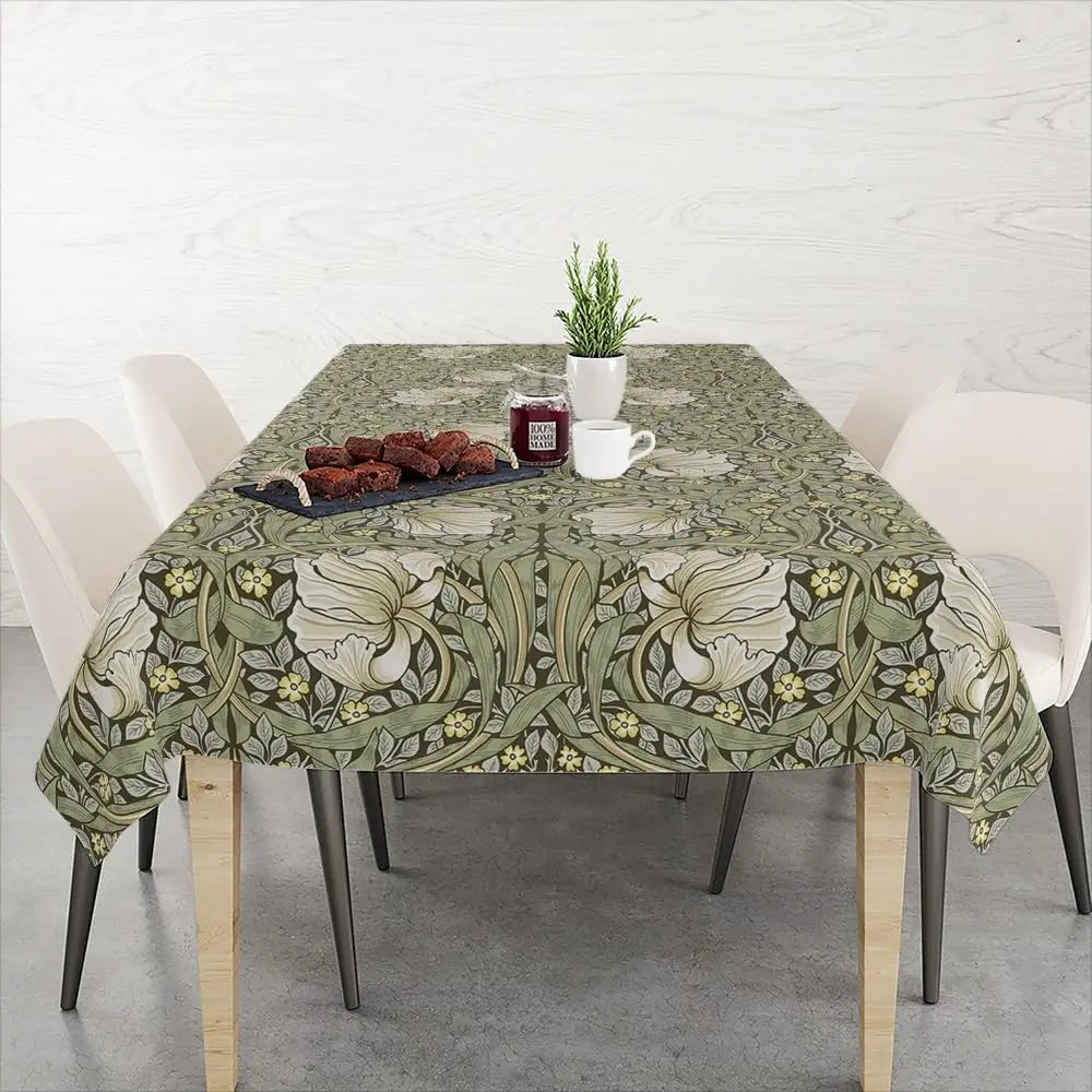 nappe fleurs stylisées art nouveau vert clair blanc rectangle polyester réutilisable table mangercoration festive