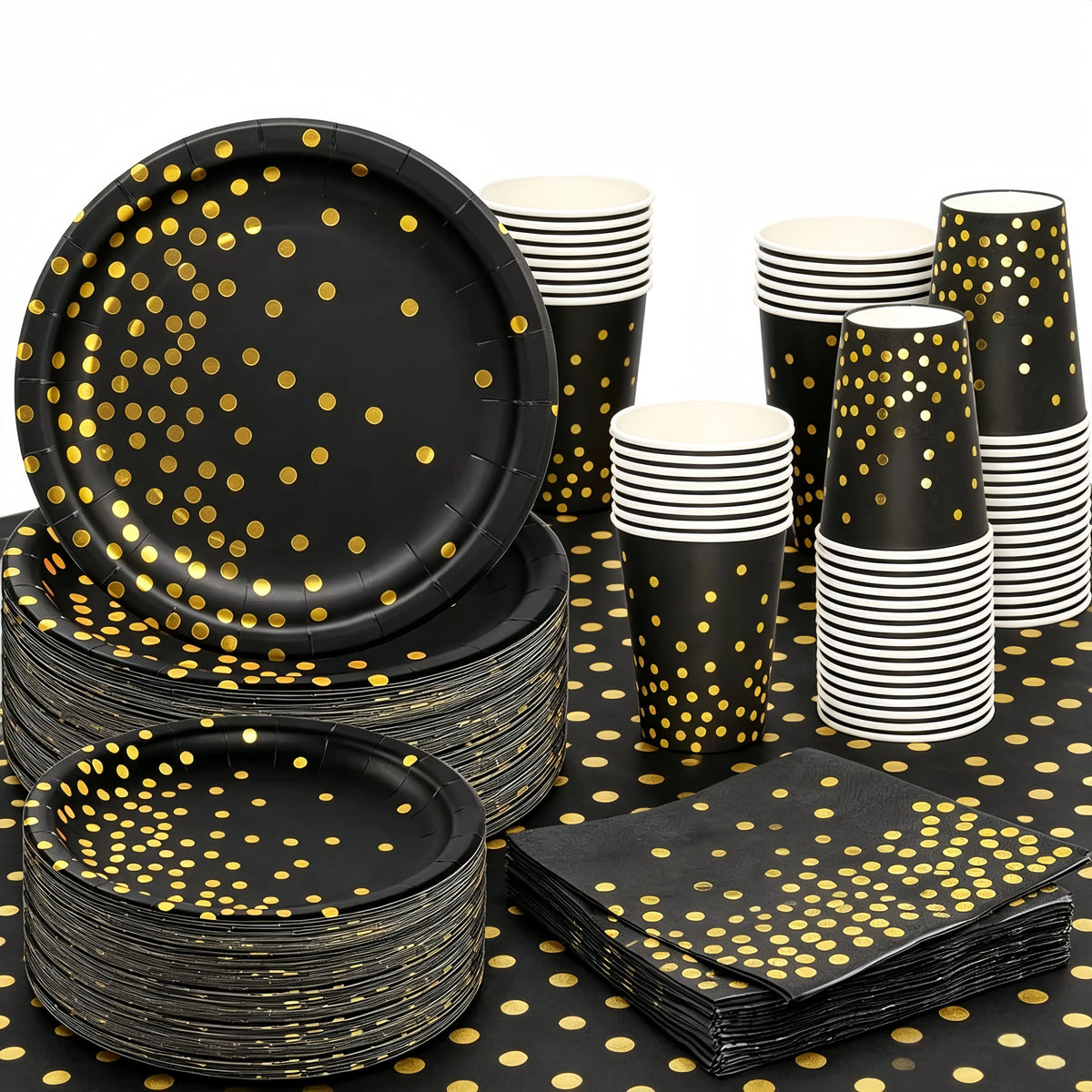 assiettes pois dorés noires gobelets serviettes tablecloth fête anniversaire mariage nouveauannée