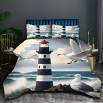 ensemble literie moderne impression phares oiseaux mer nuages noir blanc gris bleu vert beige