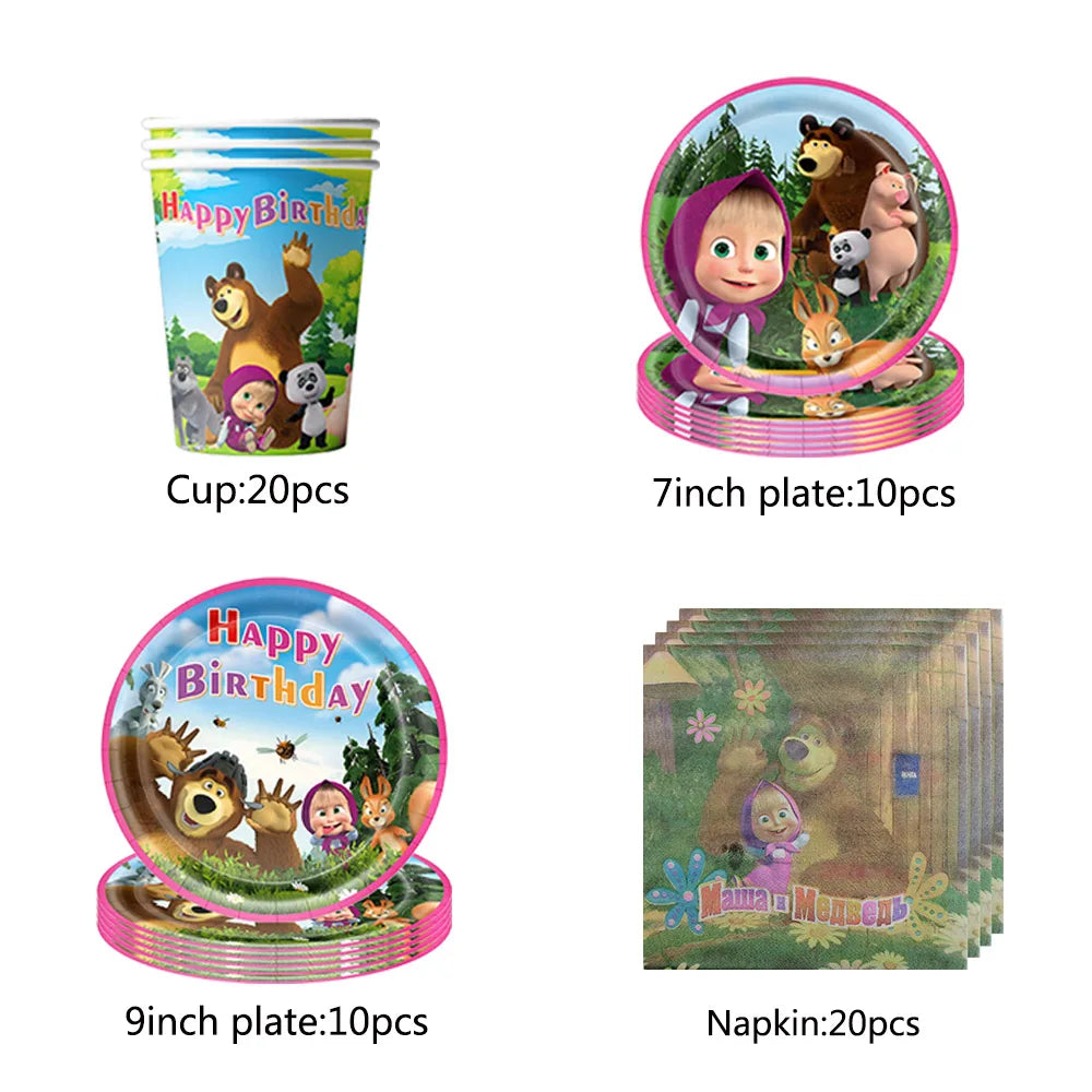 ensemble vaisselle jetable masha ours assiettes gobelets serviettes anniversaire enfant cartoon