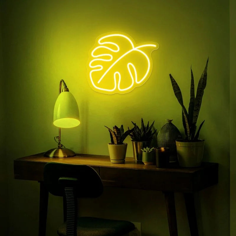 lampe néon feuille tropicale verte rouge bleu blanc stylée moderne opacité chambre salon