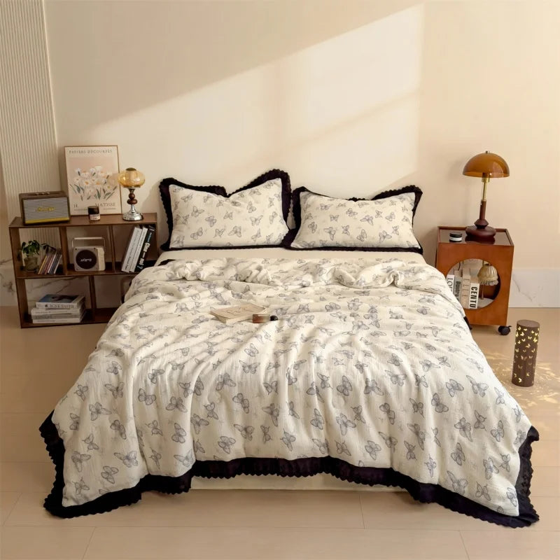 couverture d'été coton froissé motif papillons beige noir vintage lit 150x200cm machine laver
