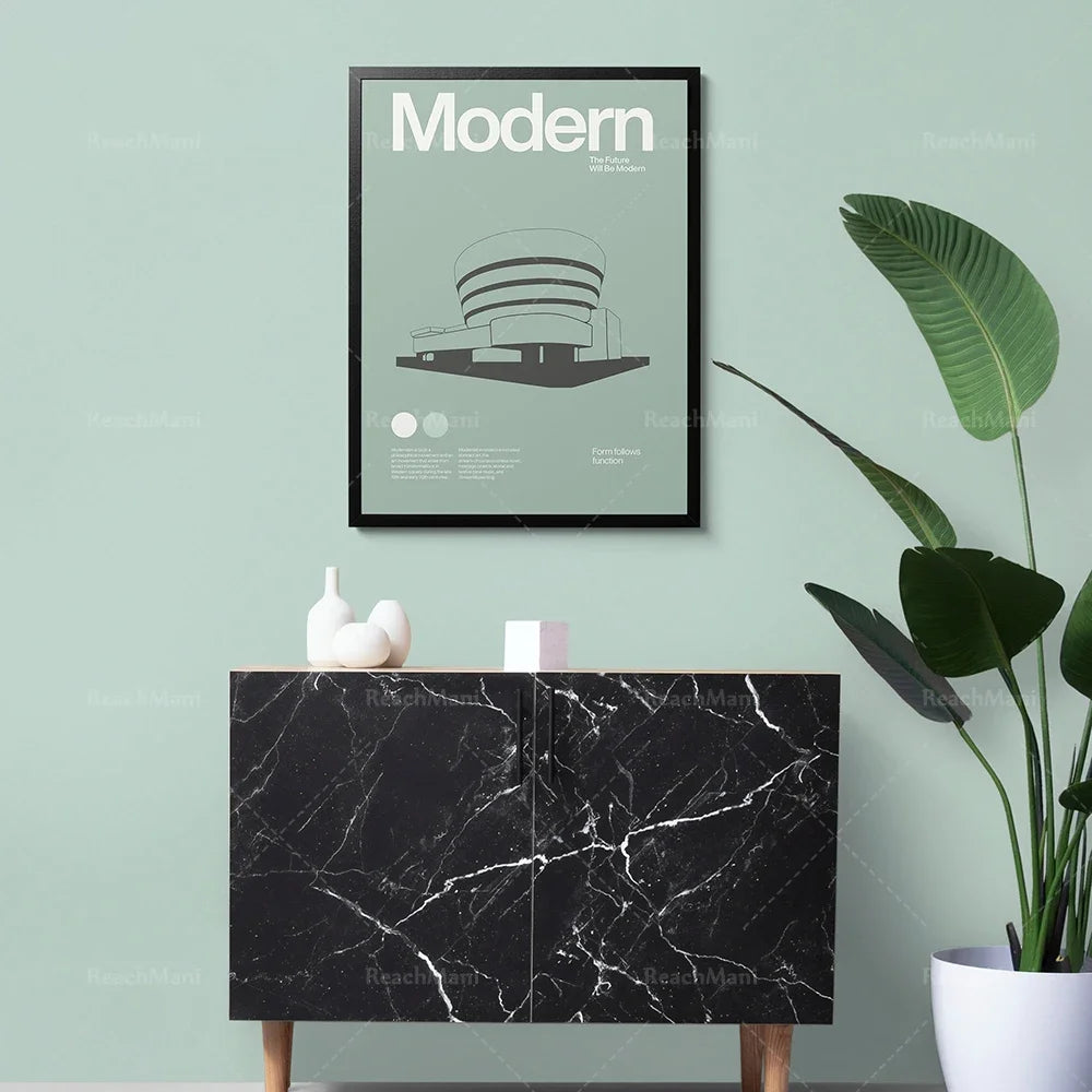 affiche moderne graphique minimaliste noir blanc vert clair contemporaine building abstraite toile cadre vertical