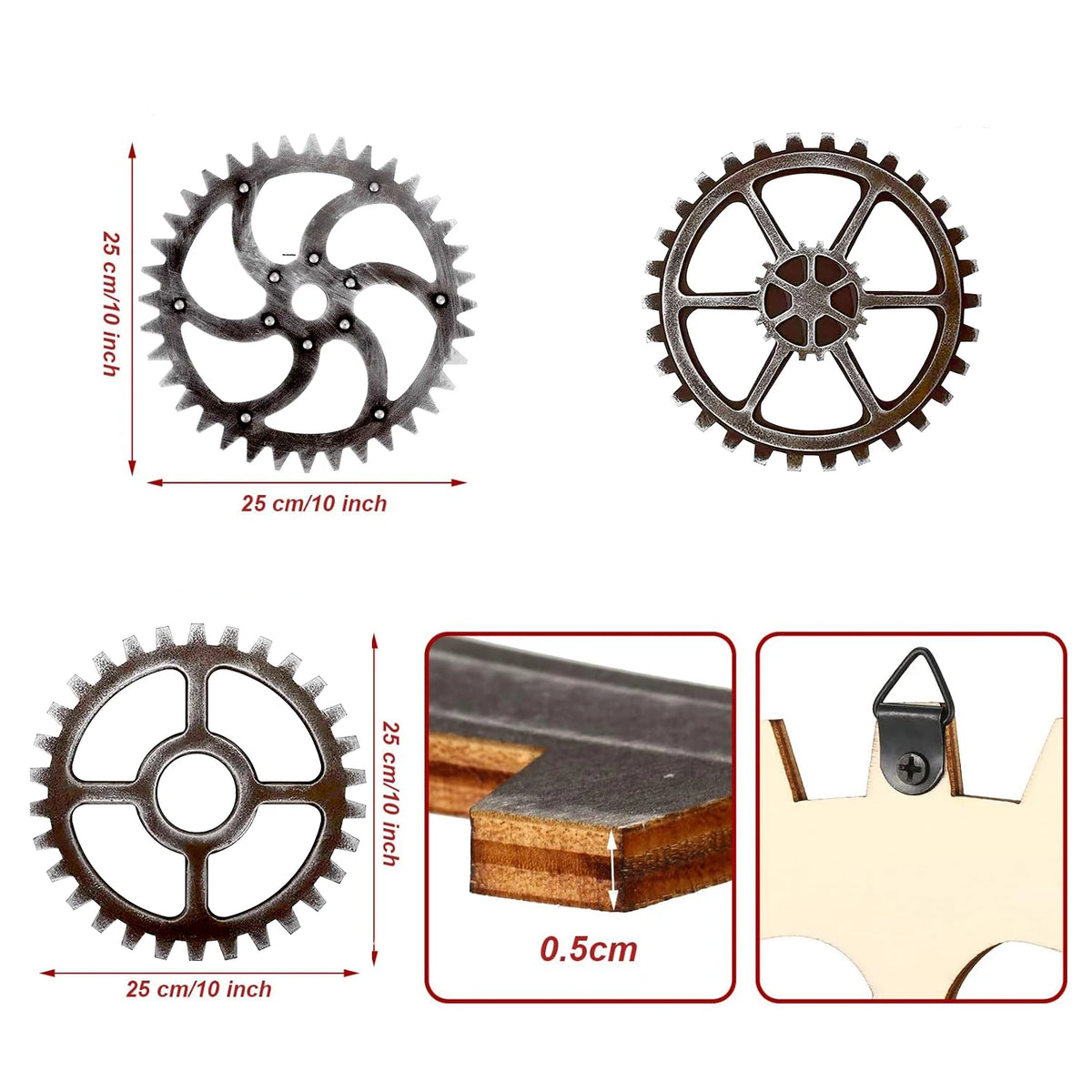 décoration murale industrielle vintage engrenages bois métallique noir finement dentés 25cmSuspensionFermière