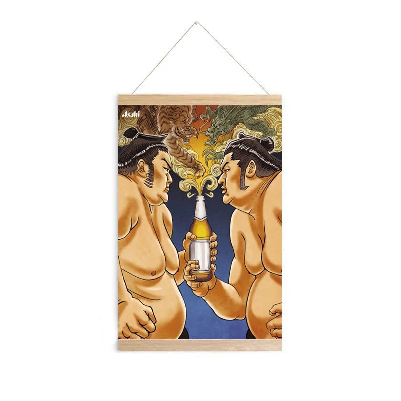 affiche toile japonaise lutte sumo bière décoration restaurant sushi ramen mur traditionnel