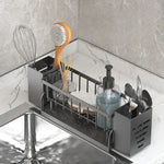 organisateur cuisine rangement évier moderne gris noir transparent panier serviettes éponges couverts assiettes