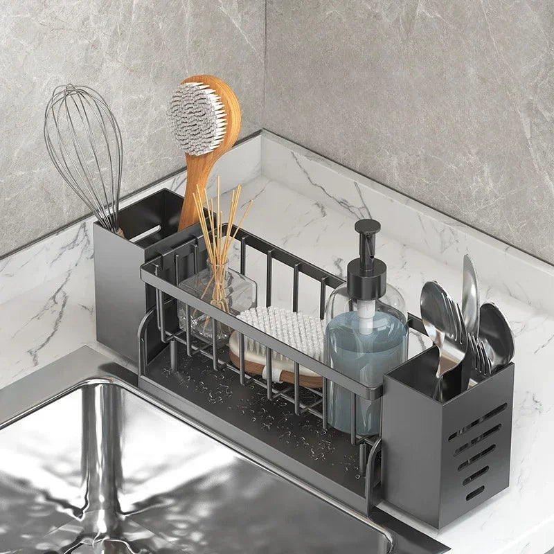 organisateur cuisine rangement évier moderne gris noir transparent panier serviettes éponges couverts assiettes