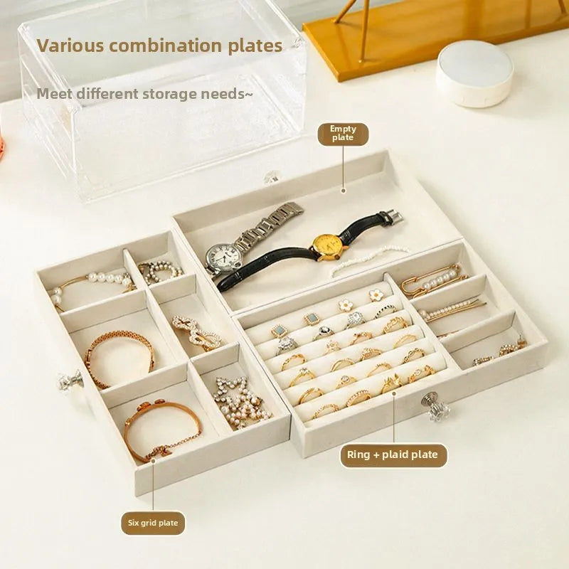 boîte bijoux velours beige clair poignées moderne rangement colliers bagues montres boucles d'oreilles