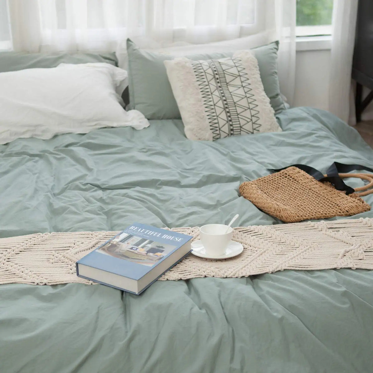 tableau chemin table coton blanc tissé main franges boho artisanal