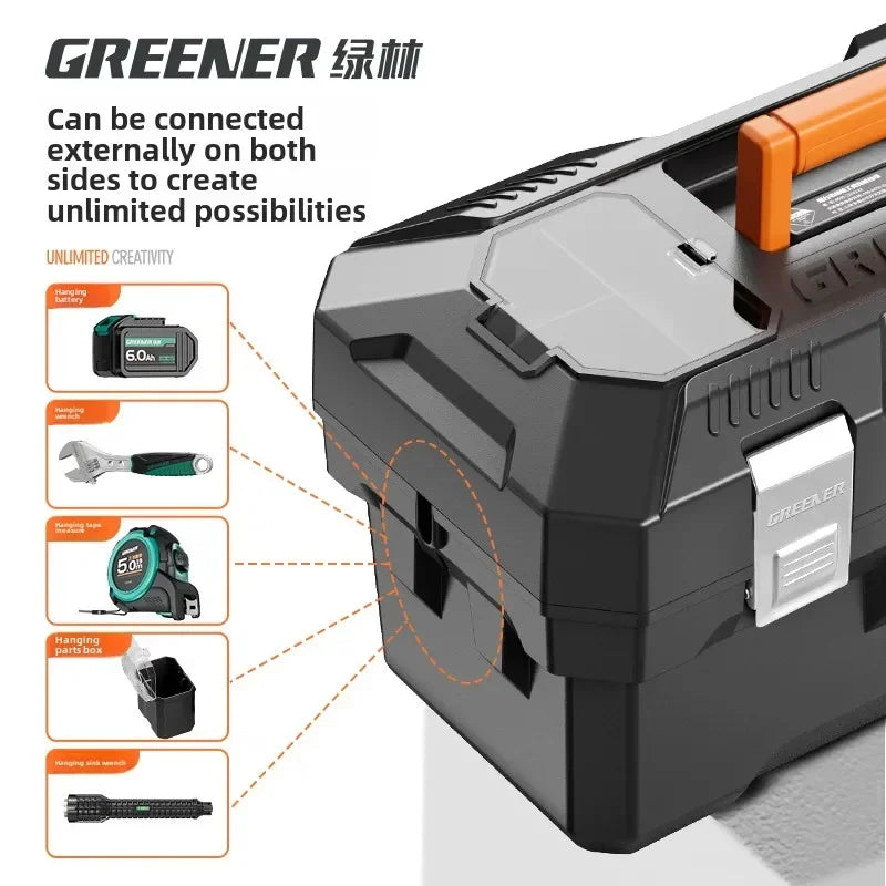 boîte outils noire orange clips multifonctionnelle perceuse batterie sac clé douille première secours lampe