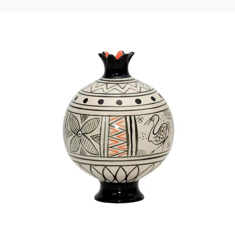 vase art déco oiseau stylisé motifs géométriques noir blanc orange