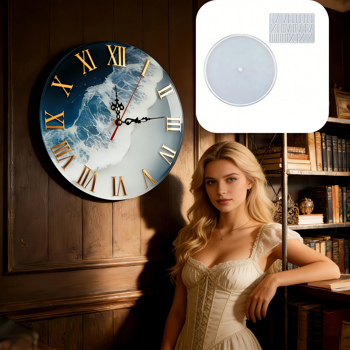 moule silicone horloge grande taille chiffres romains vagues abstraites coquillages transparent décoration maritime vintage