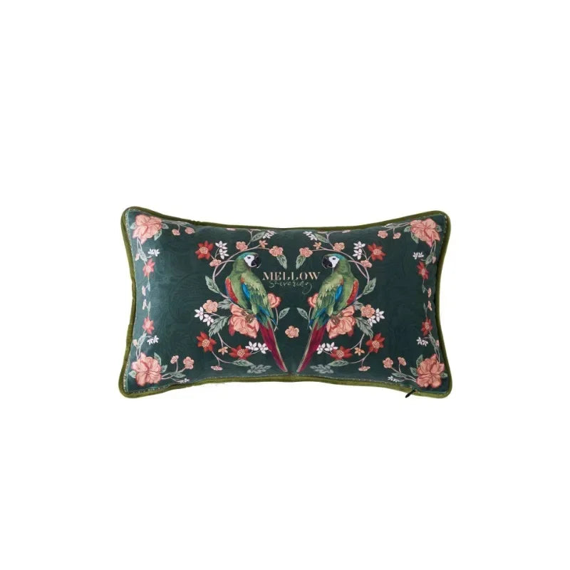 housse coussin imprimée perroquet oiseaux fleurs polyester coton lit carré vintage bleu vert rose