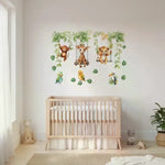 sticker mural animal jungle singe girafe lion balançoire feuilles multicolore chambre enfant