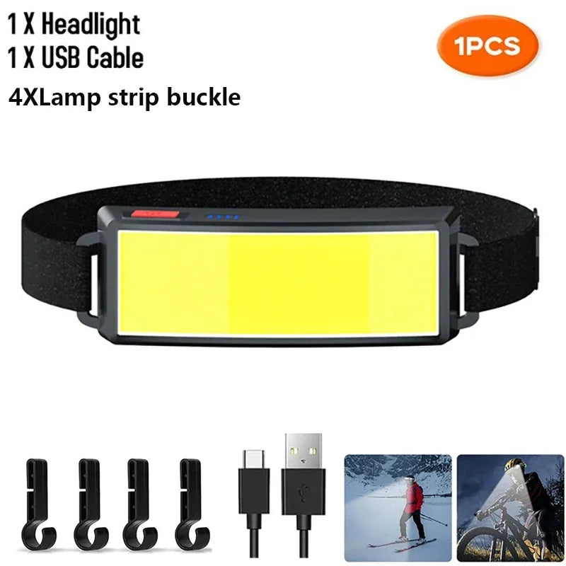 lampe frontale led cob rechargeable usb batterie intégrée indicateur puissance mode ajustable ceinture camping