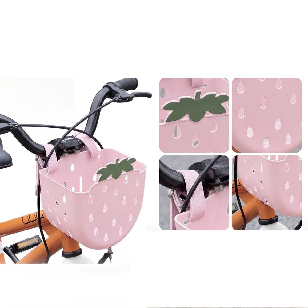 panier vélo enfant rose clair fraises blanches mignon noirs plastique facile