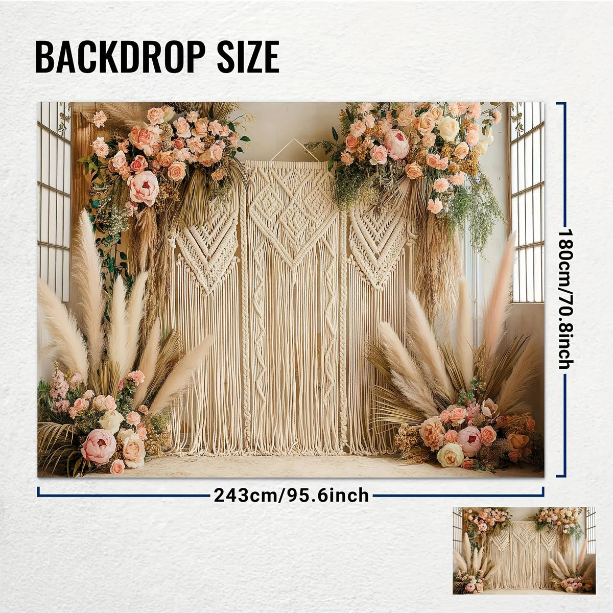 décoration murale bohème mariage macramé pampas fleurs herbes sèches rose poudré vert