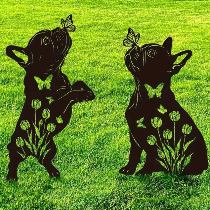 décoration jardin chien bouledogue français silhouette fleurs papillons métal noirextérieur moderne champêtre