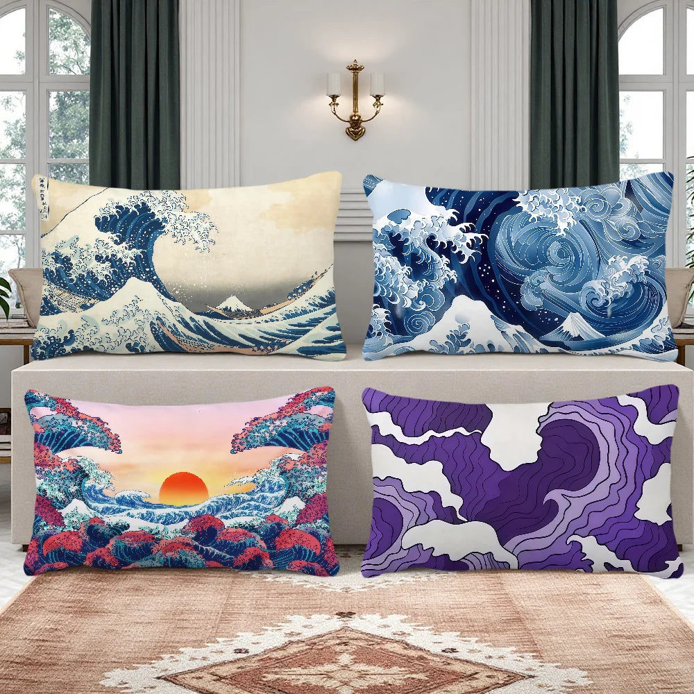 housse coussin impression vague montagne bleu beige violet polyester 100% opacité artistique ølets