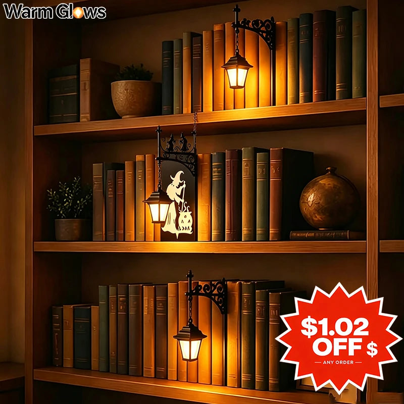 lanterne suspendue vintage sorcières décoration murale livres bougies citrouilles automne conte fées