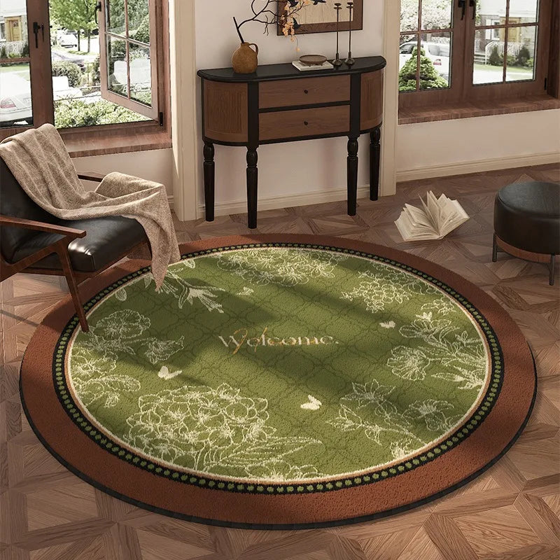 tapis rond beige noir motif fleurs oiseaux décoration salon chambre intérieur doux antidérapant moderne