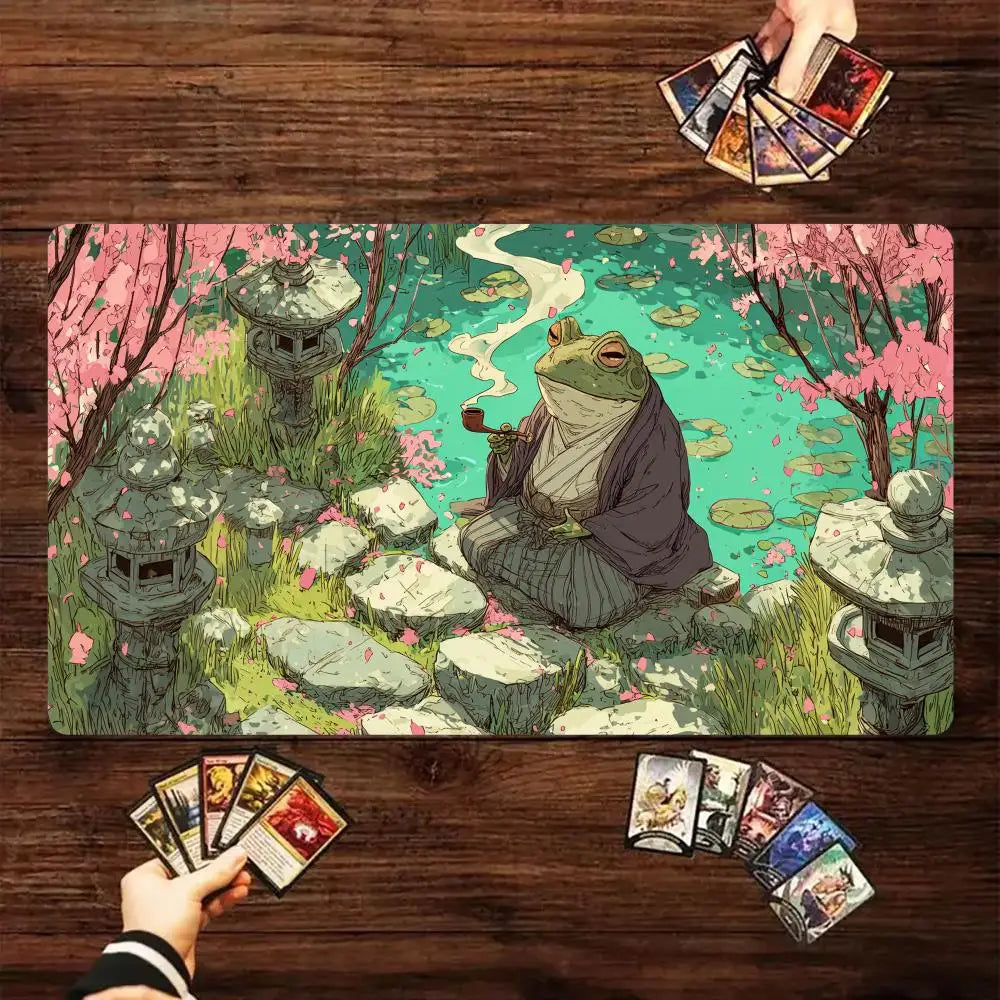 tapis jeu socle antidérapant vert rose grenouille fleurs cerisier art numérique cartes jeu 60cm