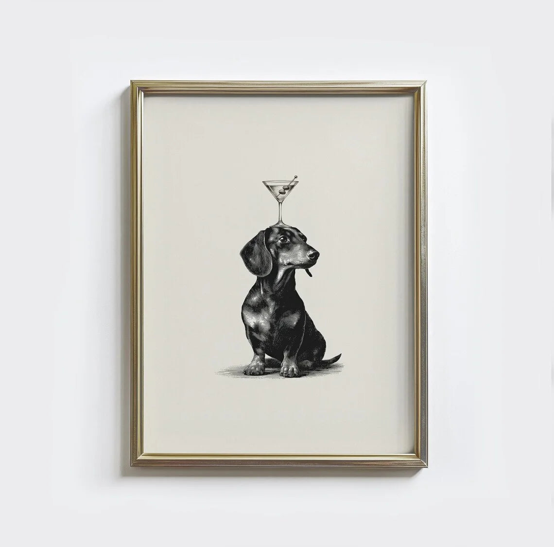 affiche encadrée bois chien assis verre martini dessin noir blanc beige décoration murale salon