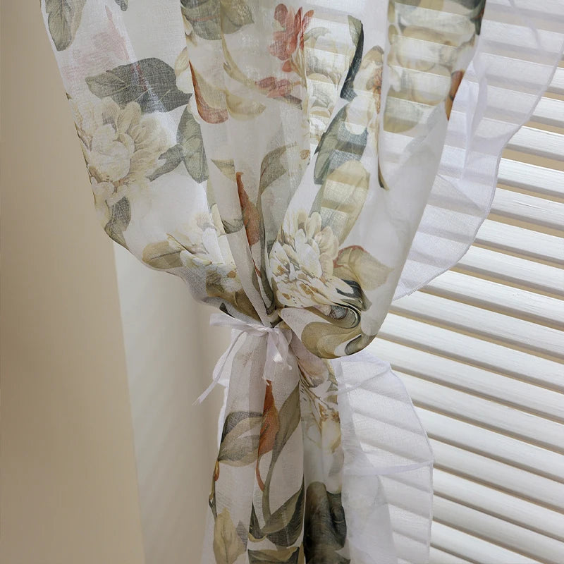 rideau tulle translucide imprimé floral fenetre maison pastorale decoration champetre anneaux tringle