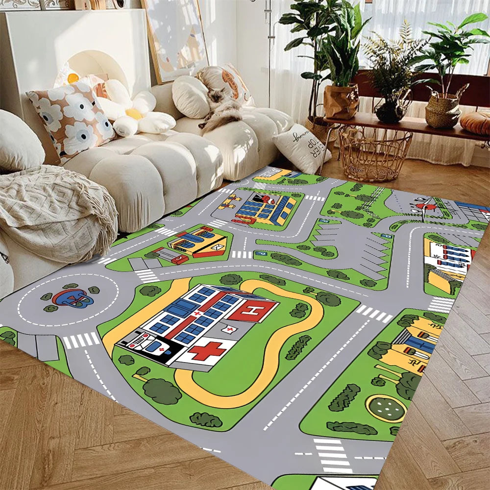 tapis urbain motif routes bâtiments moderne gris vert blanc rouge bleu jaune intérieur extérieur